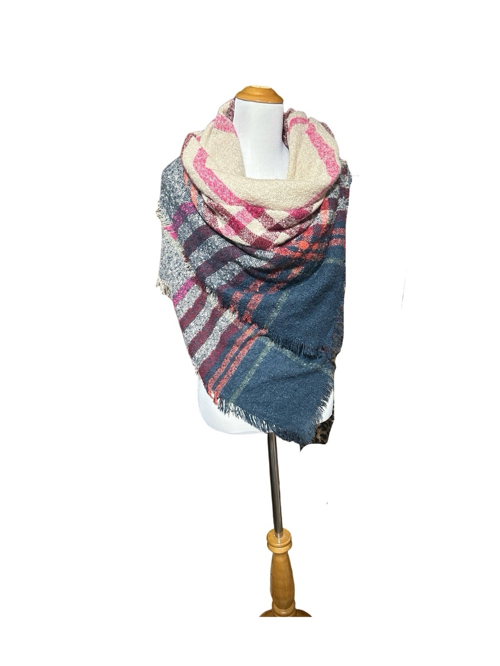 Cozy Multi-Color Plaid Blanket Scarf - Pink, Cream & Blue